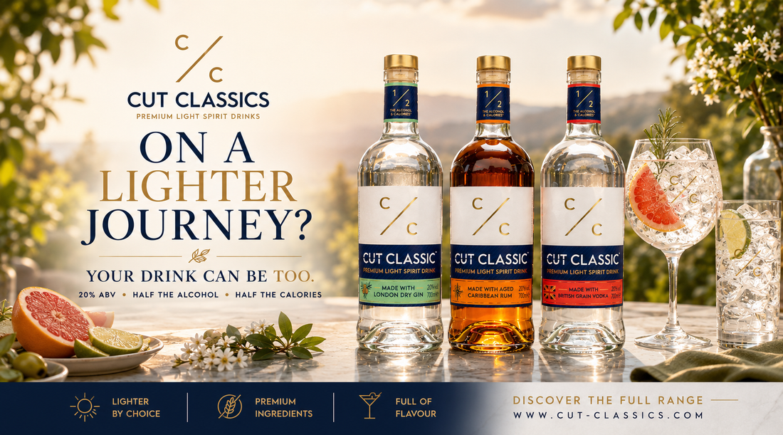 Cut Classics "on a lighter journey?" image showing bottles and cocktails